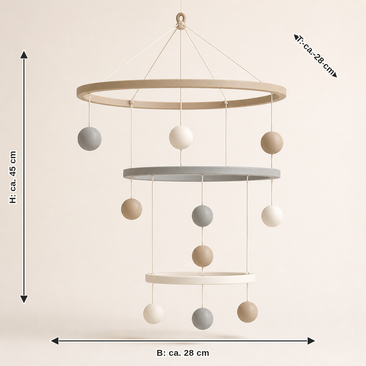 Dimensional image for hanging mobile orbit – minimalist: width approx. 28 cm, depth approx. 28 cm, height approx. 45 cm