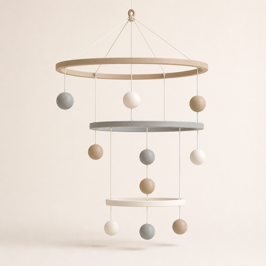 hanging mobile orbit – minimalist made of PETG on bright studio background