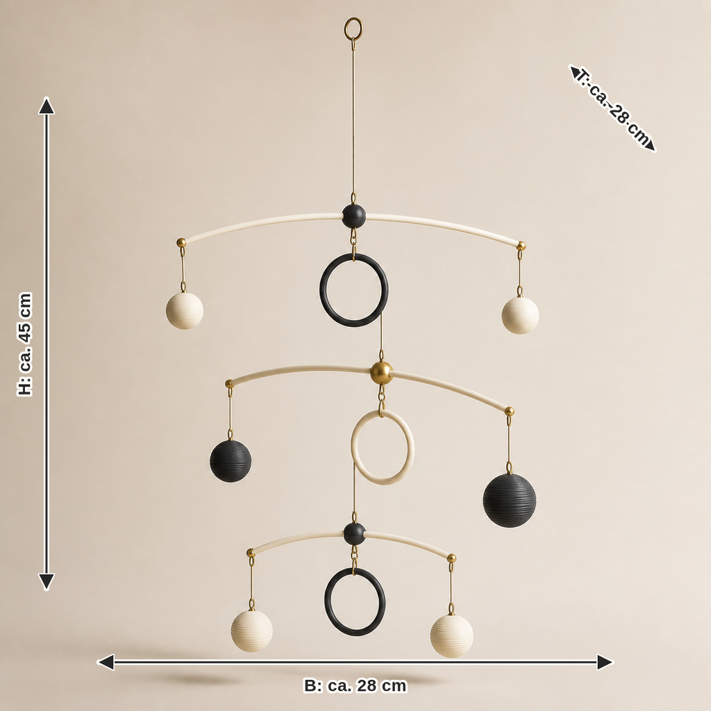 Measurement for hanging mobile orbit – Timeless: width about 28 cm, depth about 28 cm, height about 45 cm