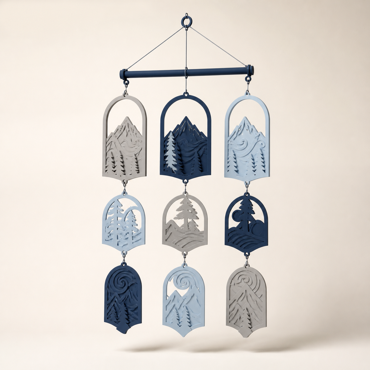 hanging mobile forest layers – Nordic & Mythical from PETG on bright studio background