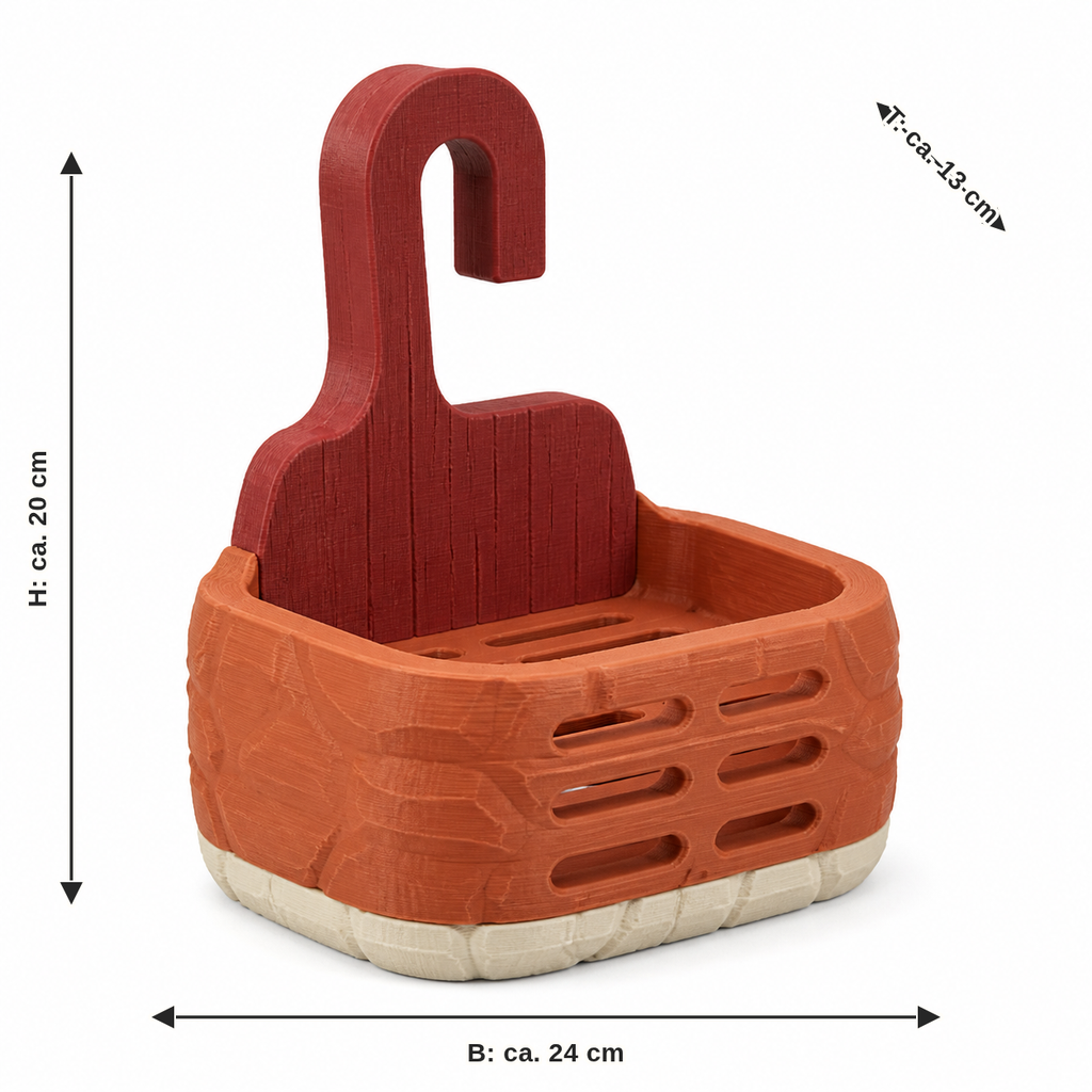 Maßbild für Hängender Badkorb in Terrakotta und Rot: Breite ca. 24 cm, Tiefe ca. 13 cm, Höhe ca. 20 cm