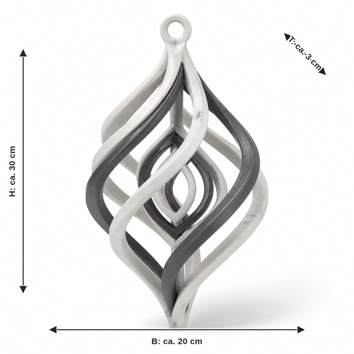 Dimensional image for hanging ornament marble optic flame: width approx. 20 cm, depth approx. 3 cm, height approx. 30 cm
