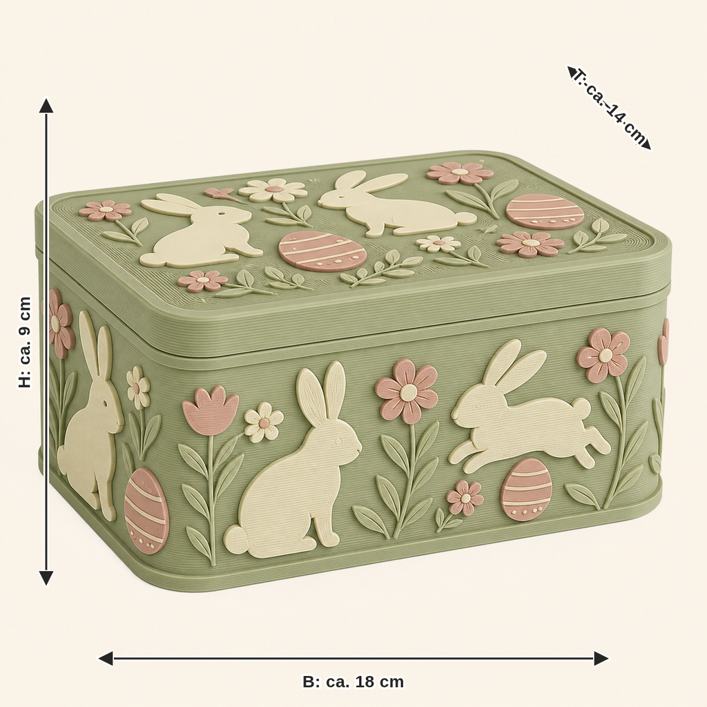 Dimensional picture for bunny workshop storage box Hasenbox: width approx. 18 cm, depth approx. 14 cm, height approx. 9 cm
