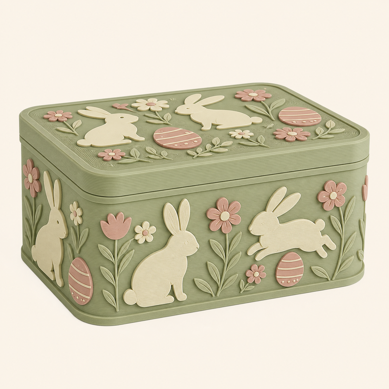 bunny workshop storage box in 3D printed PETG in sage green, cream, Rosé