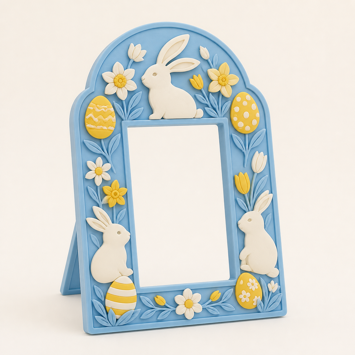 Bunny workshop-photo frame Easter portal from 3D printed PETG in sky blue, sun yellow, warm white