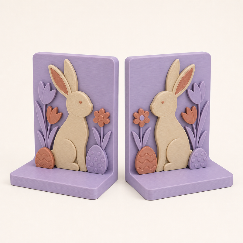 bunny workshop-bookends-pair in 3D-printed PETG in lilac, terracotta, sand beige