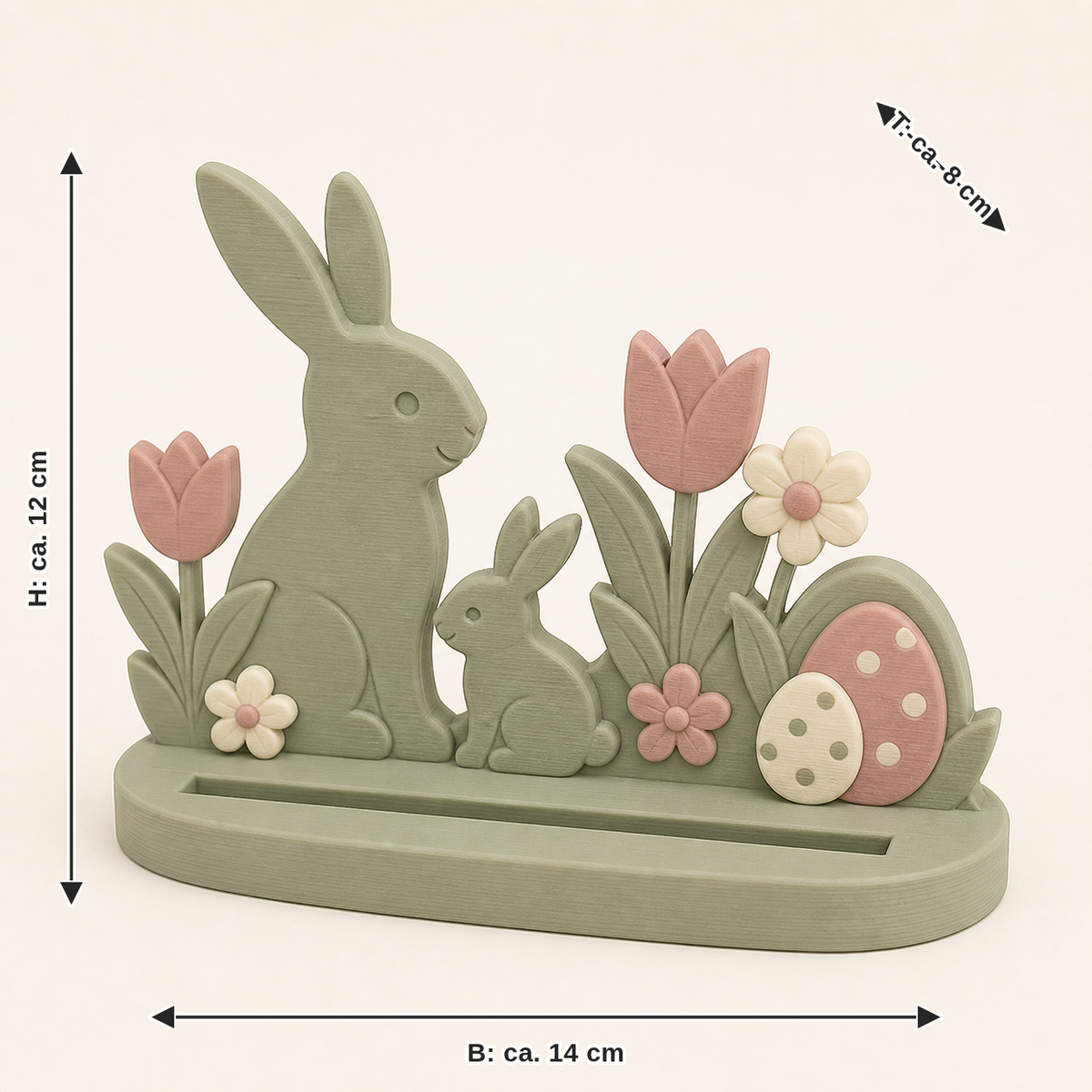 Dimensional image for bunny workshop photo holder Hasenpunkt: width approx. 14 cm, depth approx. 8 cm, height approx. 12 cm