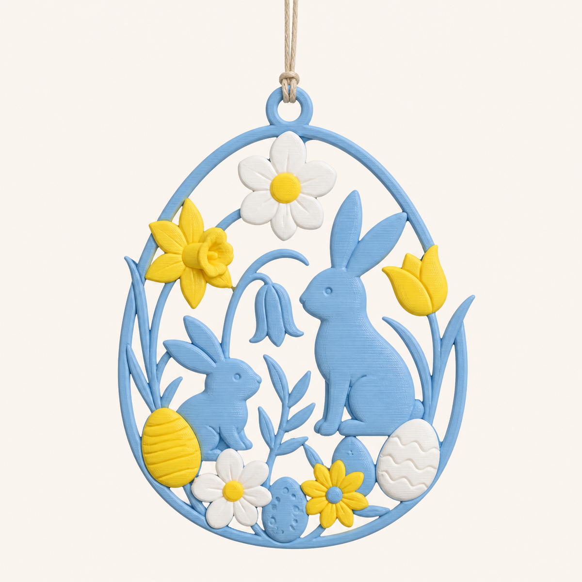 Bunny workshop-hanging decoration flower bunny from 3D-printed PETG in sky blue, sun yellow, warm white
