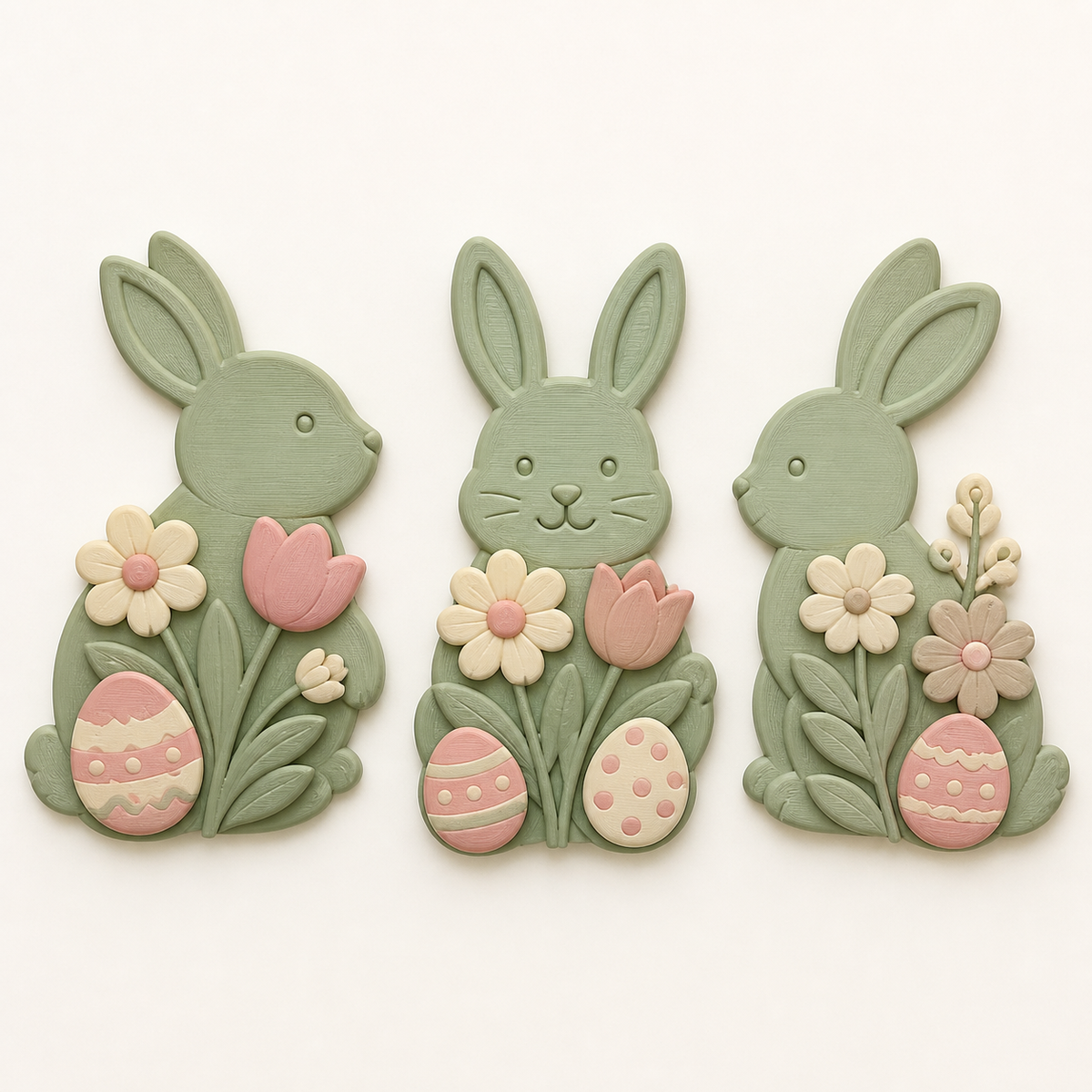 bunny workshop magnet set rabbit trio from 3D printed PETG in sage green, cream, Rosé
