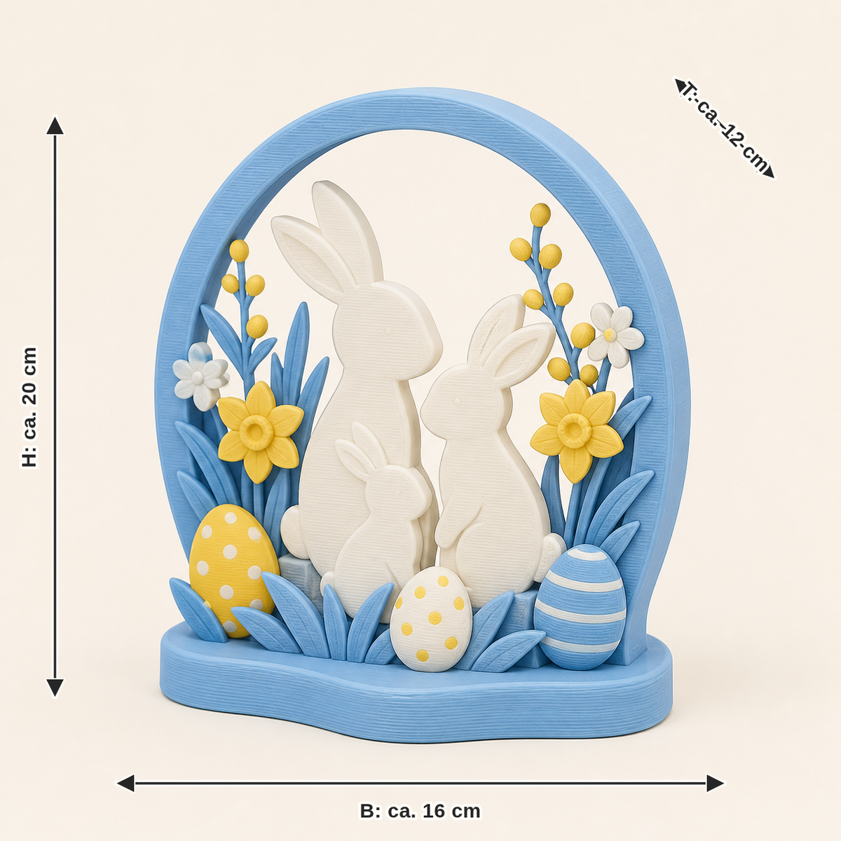 Dimensional image for bunny workshop mini sculpture Rabbit family: width approx. 16 cm, depth approx. 12 cm, height approx. 20 cm