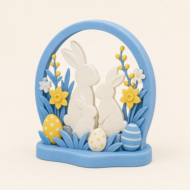 Hasenwerkstatt-Mini-Skulptur Hasenfamilie aus 3D-gedrucktem PETG in Himmelblau, Sonnengelb, Warmweiß