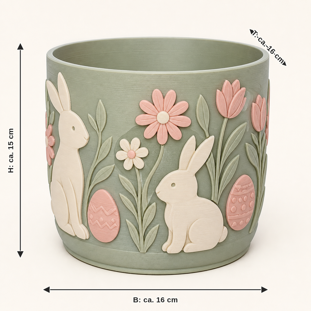 Dimensional image for bunny workshop planter spring pot: width approx. 16 cm, depth approx. 16 cm, height approx. 15 cm