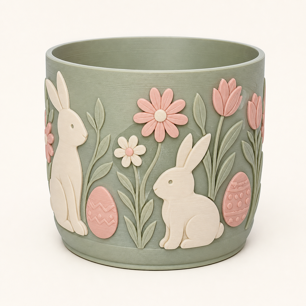 Bunny workshop planter from 3D printed PETG in sage green, cream, Rosé