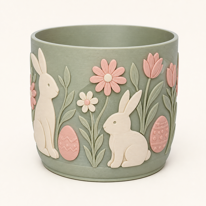 Bunny workshop planter from 3D printed PETG in sage green, cream, Rosé