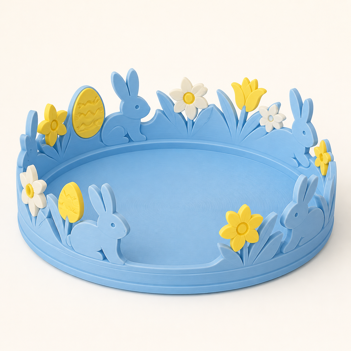 Bunny workshop-jewellery dish in 3D-printed PETG in sky blue, sun yellow, warm white