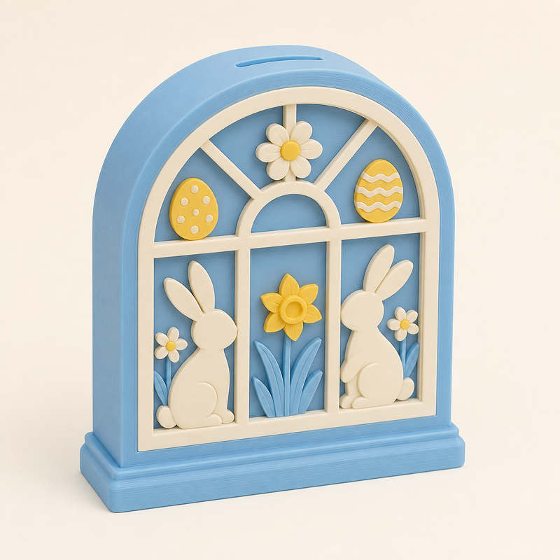 Bunny workshop money box Easter window in 3D printed PETG in sky blue, sun yellow, warm white