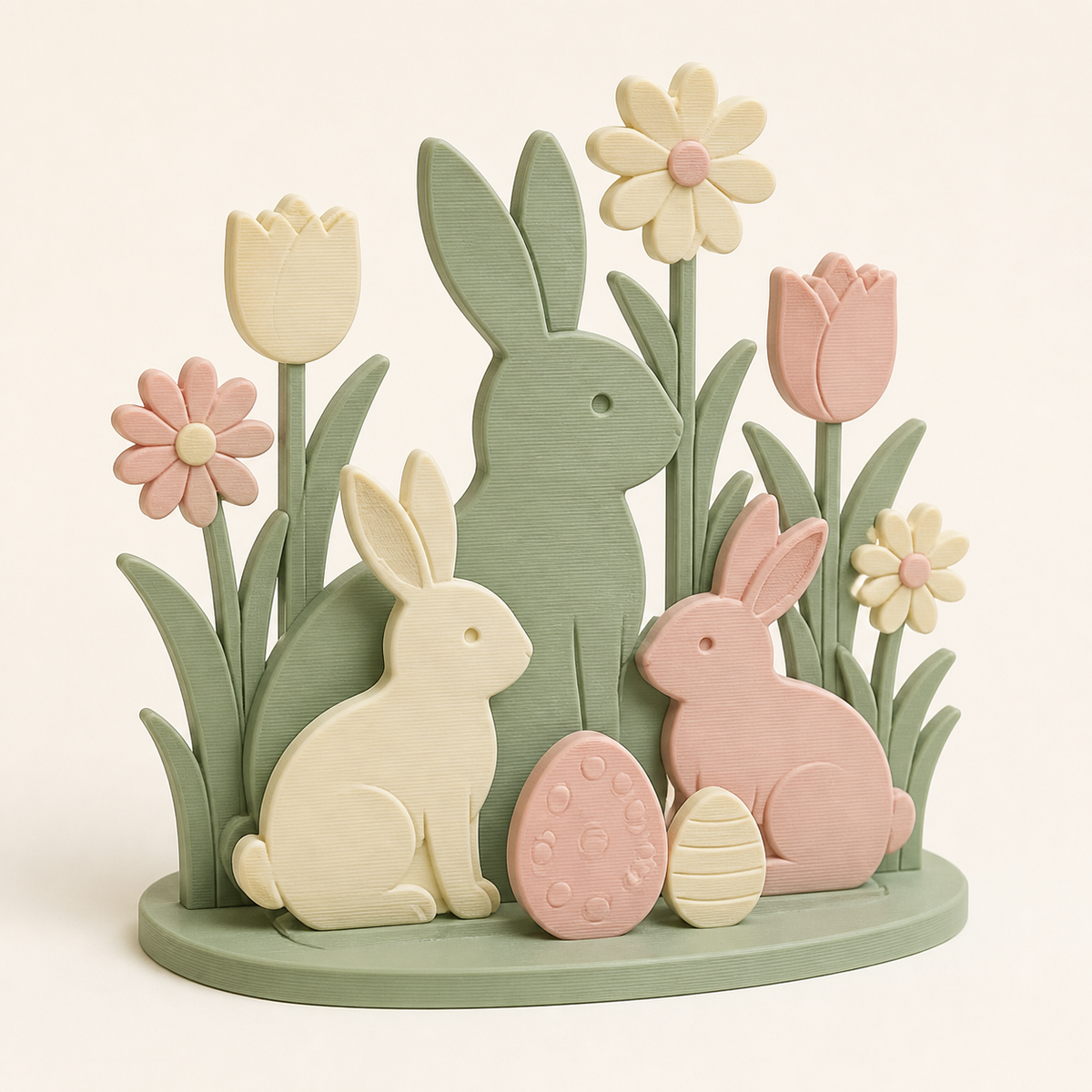Bunny workshop table set made of 3D printed PETG in sage green, cream, Rosé