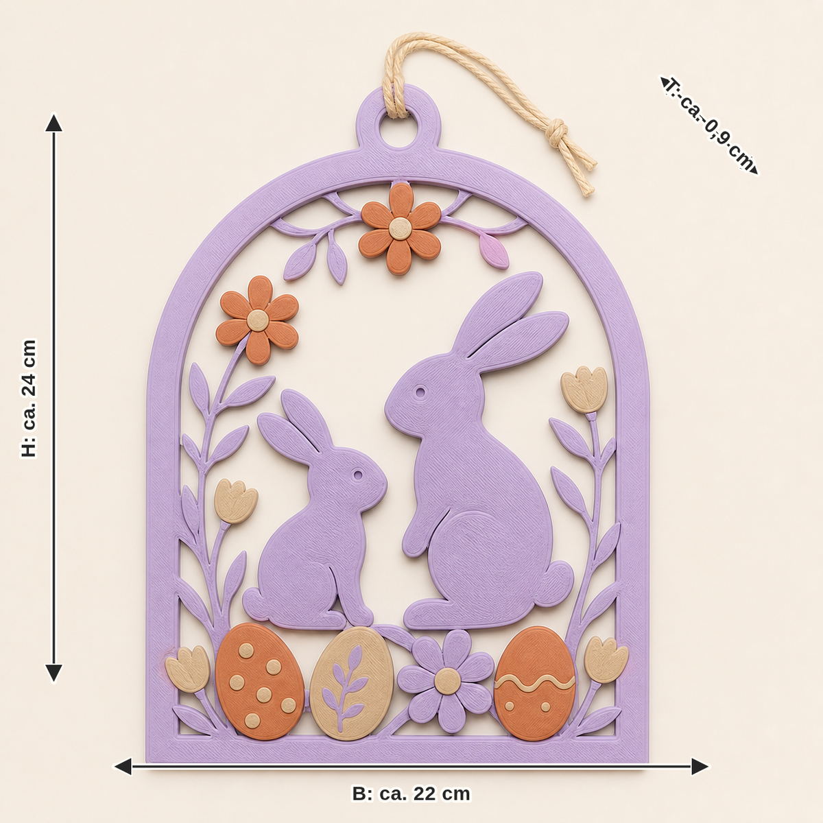 Dimensional image for bunny workshop-door hanger spring bow: width approx. 22 cm, depth approx. 0.9 cm, height approx. 24 cm