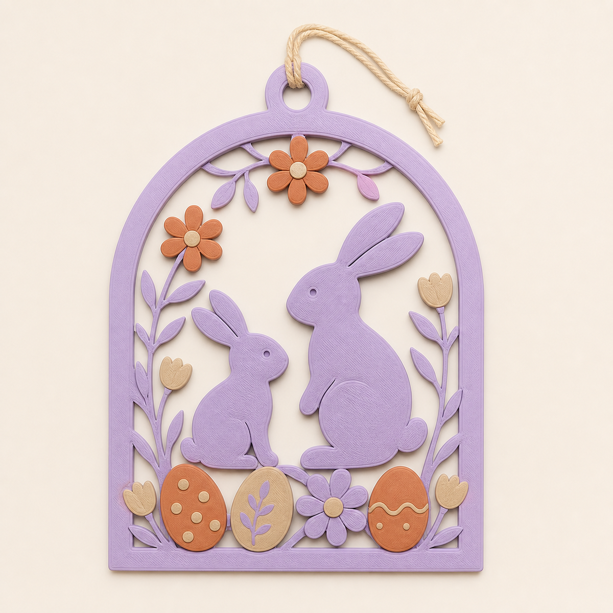 Bunny workshop door pendant spring bow in 3D printed PETG in lilac, terracotta, sand beige