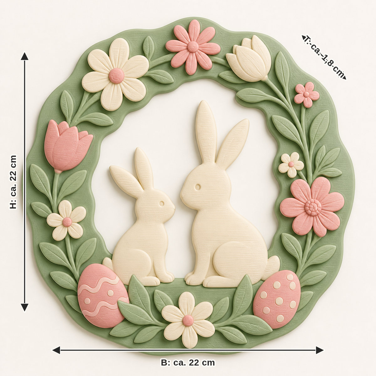 Dimensional image for bunny workshop-wall relief Hasenkranz: width approx. 22 cm, depth approx. 1.8 cm, height approx. 22 cm