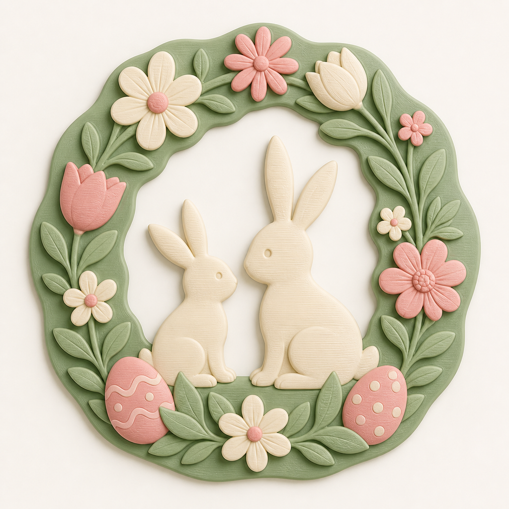 Hasenwerkstatt-Wandrelief Hasenkranz aus 3D-gedrucktem PETG in Salbeigrün, Creme, Rosé