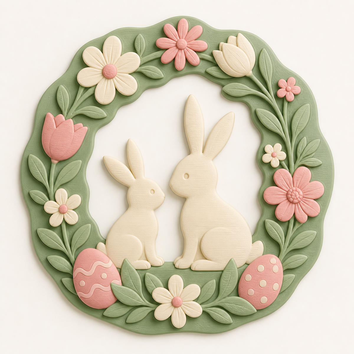 Bunny workshop-wall relief Rabbit wreath from 3D printed PETG in sage green, cream, Rosé
