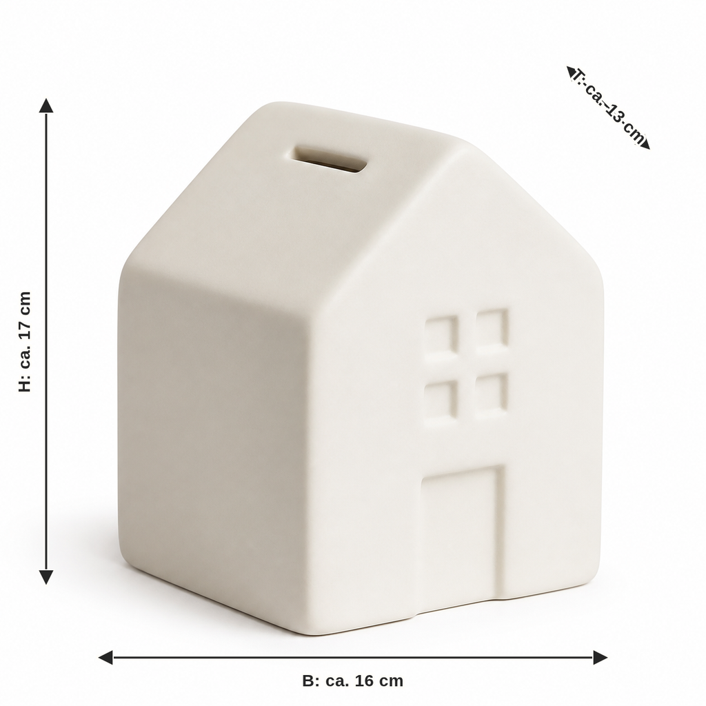 Measurement for house money box in warm white: width approx. 16 cm, depth approx. 13 cm, height approx. 17 cm