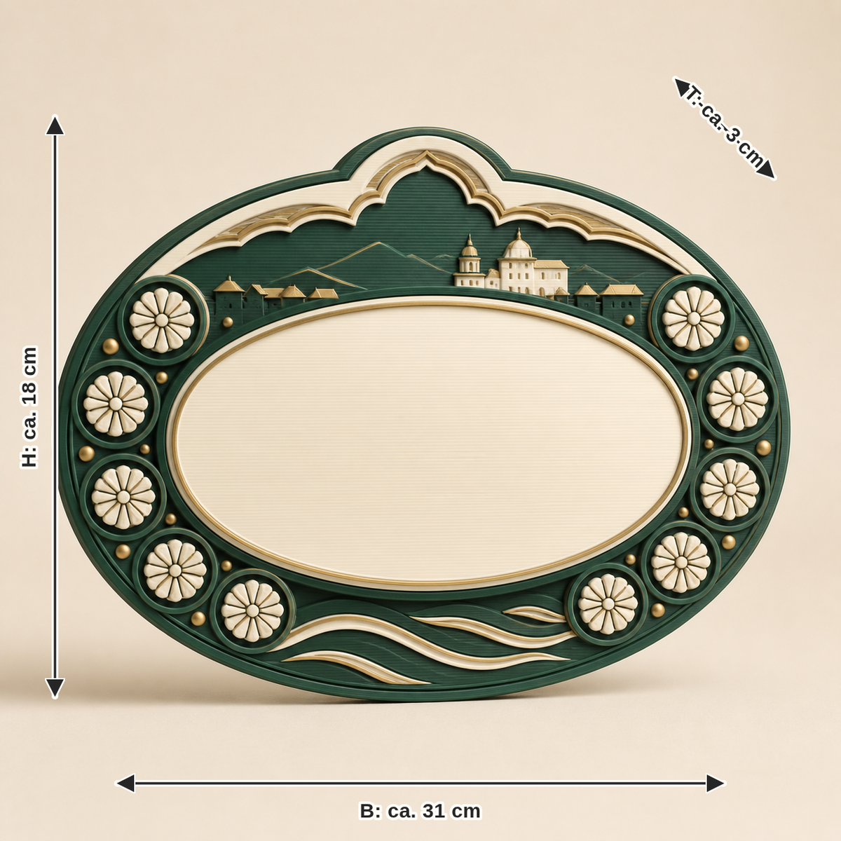 Dimensional image for House sign Mirabellrosette – Salzburg: width about 31 cm, depth about 3 cm, height about 18 cm