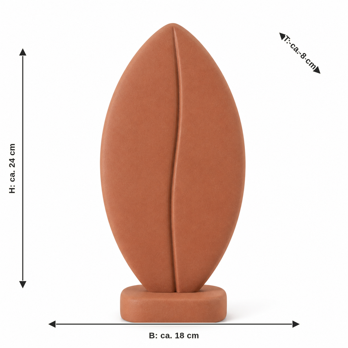Maßbild für Herbstblatt-Aufsteller in Terrakotta: Breite ca. 18 cm, Tiefe ca. 8 cm, Höhe ca. 24 cm