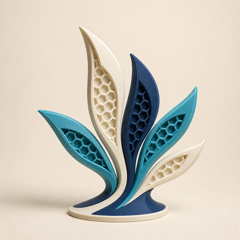 autumn leaf fan wind in the style Futuristic from 3D-printed PETG in cream, dark blue, cyan
