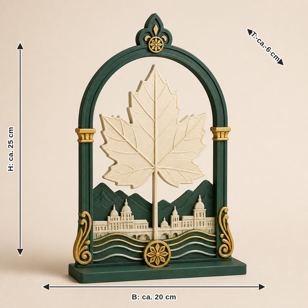 Dimensional image for autumn leaf Festungsbogen – Salzburg: width about 20 cm, depth about 6 cm, height about 25 cm