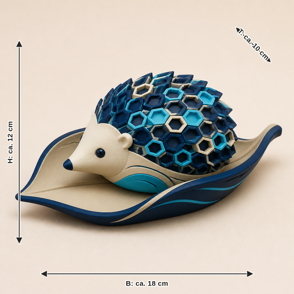 Dimensional image for autumn figure hedgehog leaf bed – Futuristic: width approx. 18 cm, depth approx. 10 cm, height approx. 12 cm