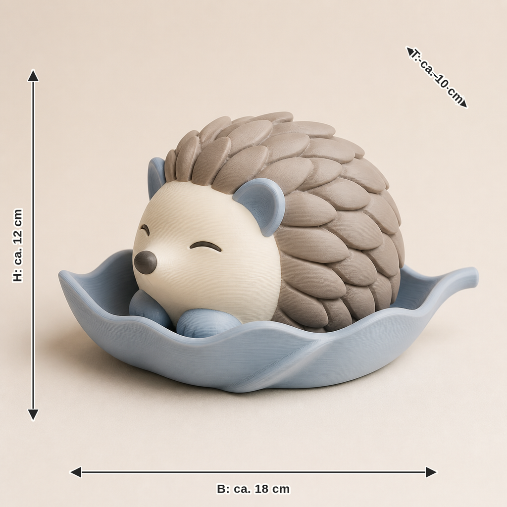 Dimensional image for autumn figure hedgehog leaf bed – serene: width about 18 cm, depth about 10 cm, height about 12 cm