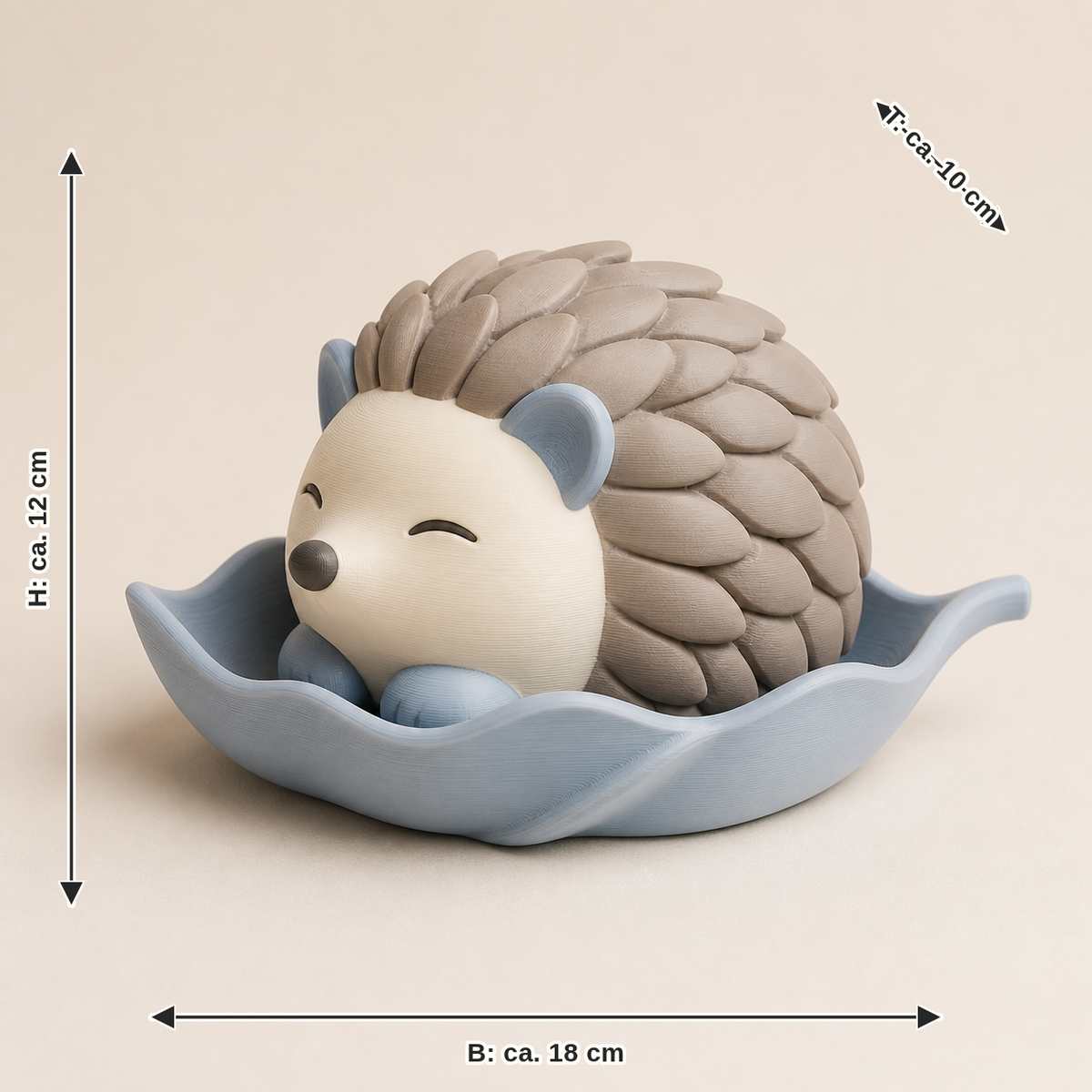Dimensional image for autumn figure hedgehog leaf bed – serene: width about 18 cm, depth about 10 cm, height about 12 cm