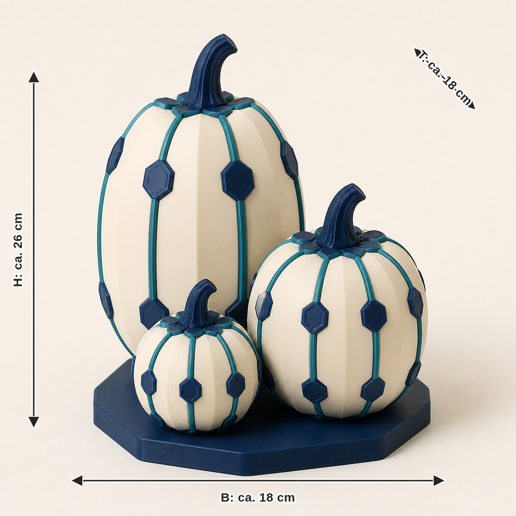 Maßbild für Herbstfigur Kürbisturm – Futuristisch: Breite ca. 18 cm, Tiefe ca. 18 cm, Höhe ca. 26 cm