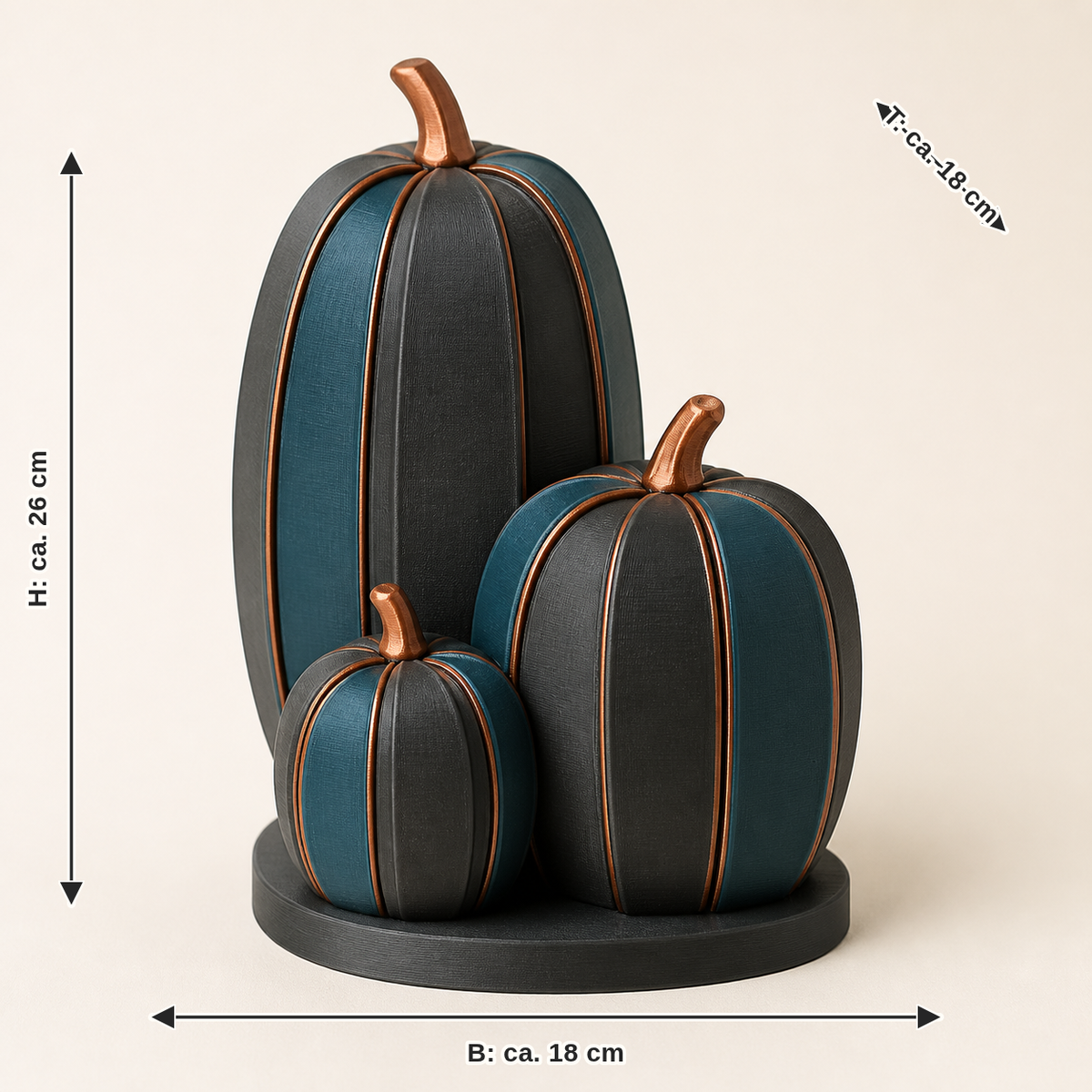 Dimensional image for autumn figure Pumpkin tower – Modern: width approx. 18 cm, depth approx. 18 cm, height approx. 26 cm
