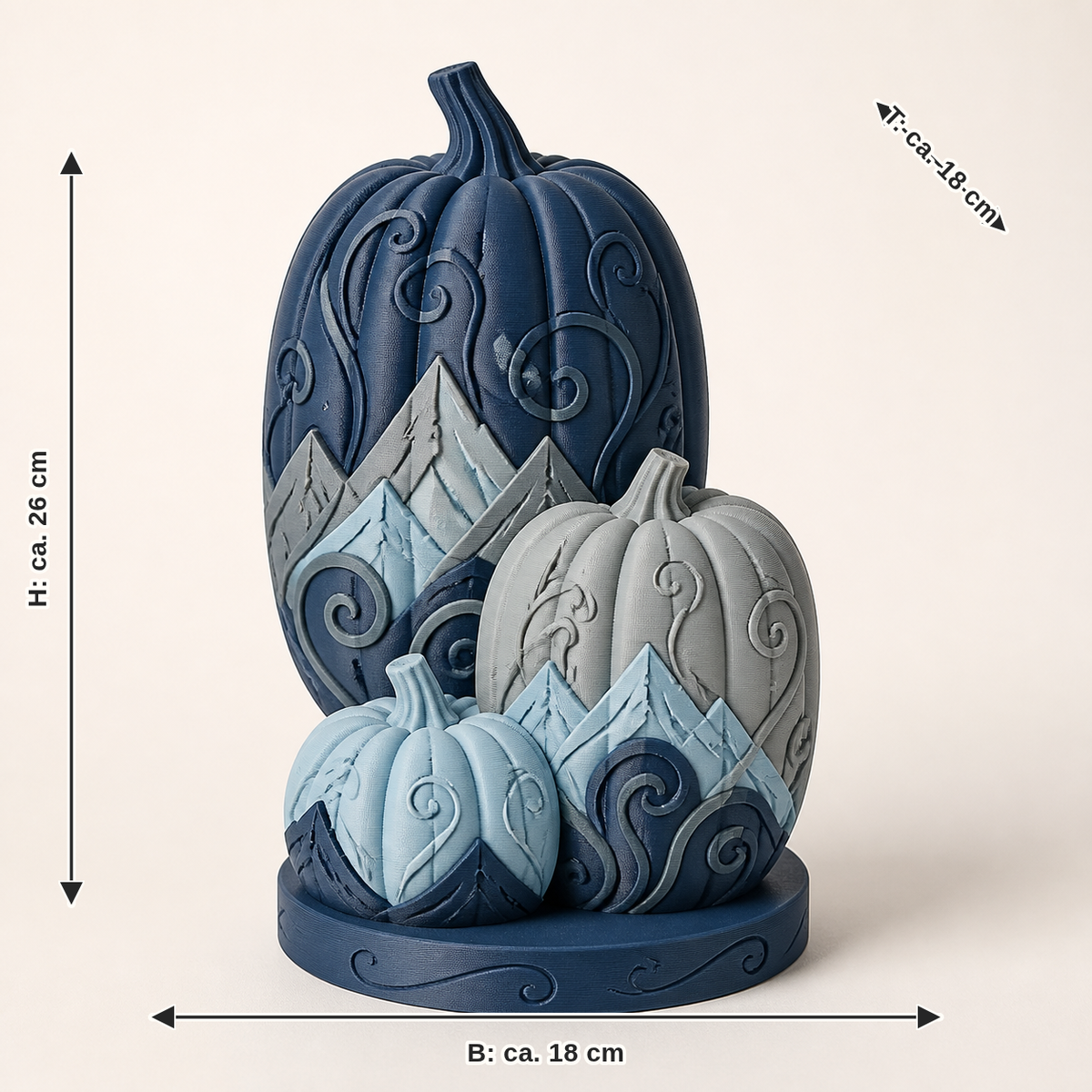 Dimensional image for autumn figure Pumpkin tower – Nordic & Mythical: width approx. 18 cm, depth approx. 18 cm, height approx. 26 cm