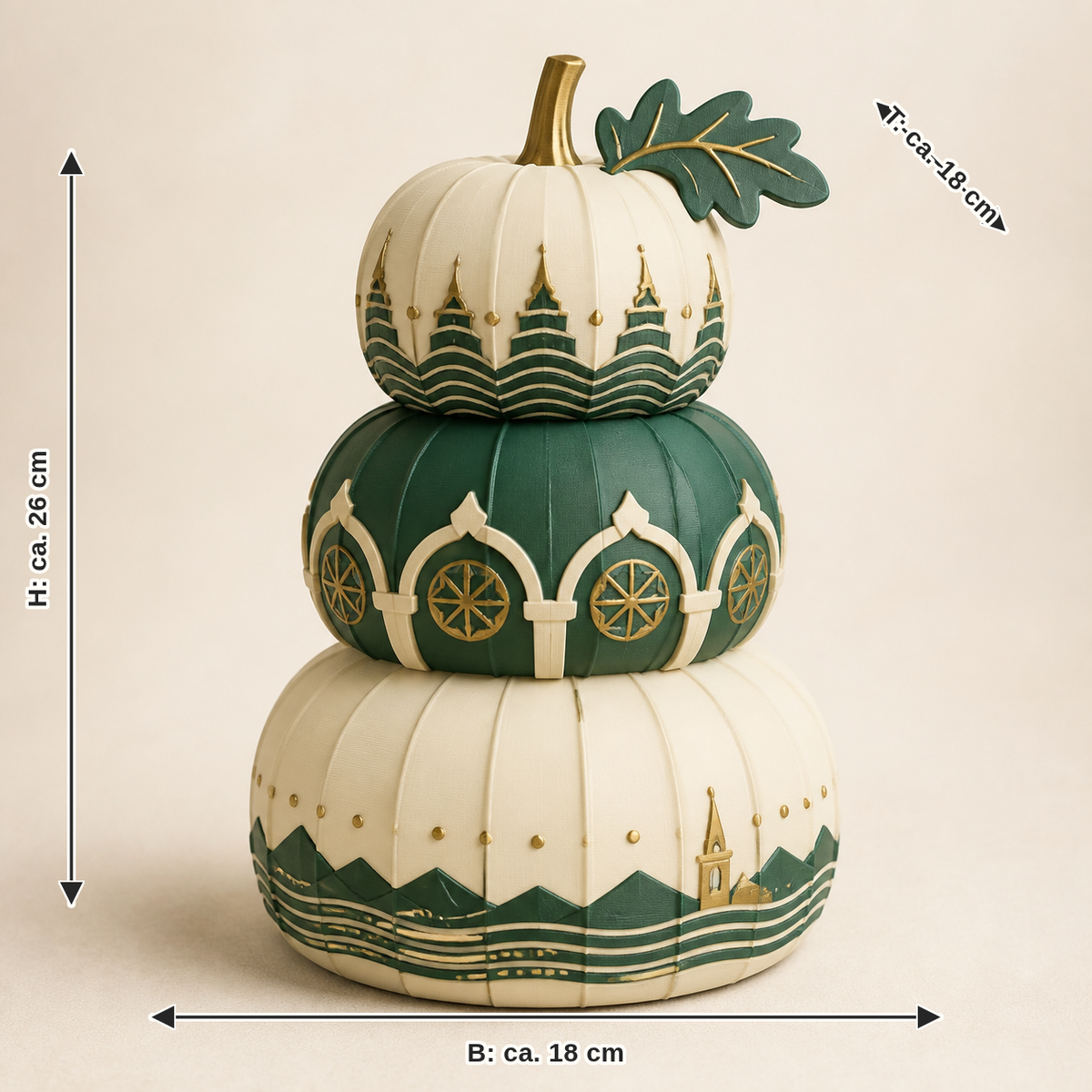 Dimensional image for autumn figure Mirabell pumpkin – Salzburg: width approx. 18 cm, depth approx. 18 cm, height approx. 26 cm