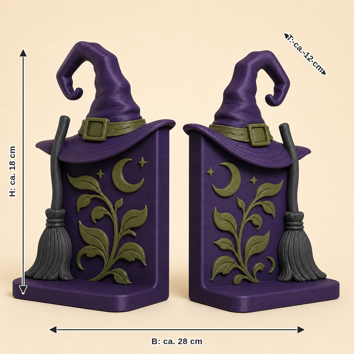 Maßbild für Hexengarten-Buchstützen-Paar Doppelbesen: Breite ca. 28 cm, Tiefe ca. 12 cm, Höhe ca. 18 cm