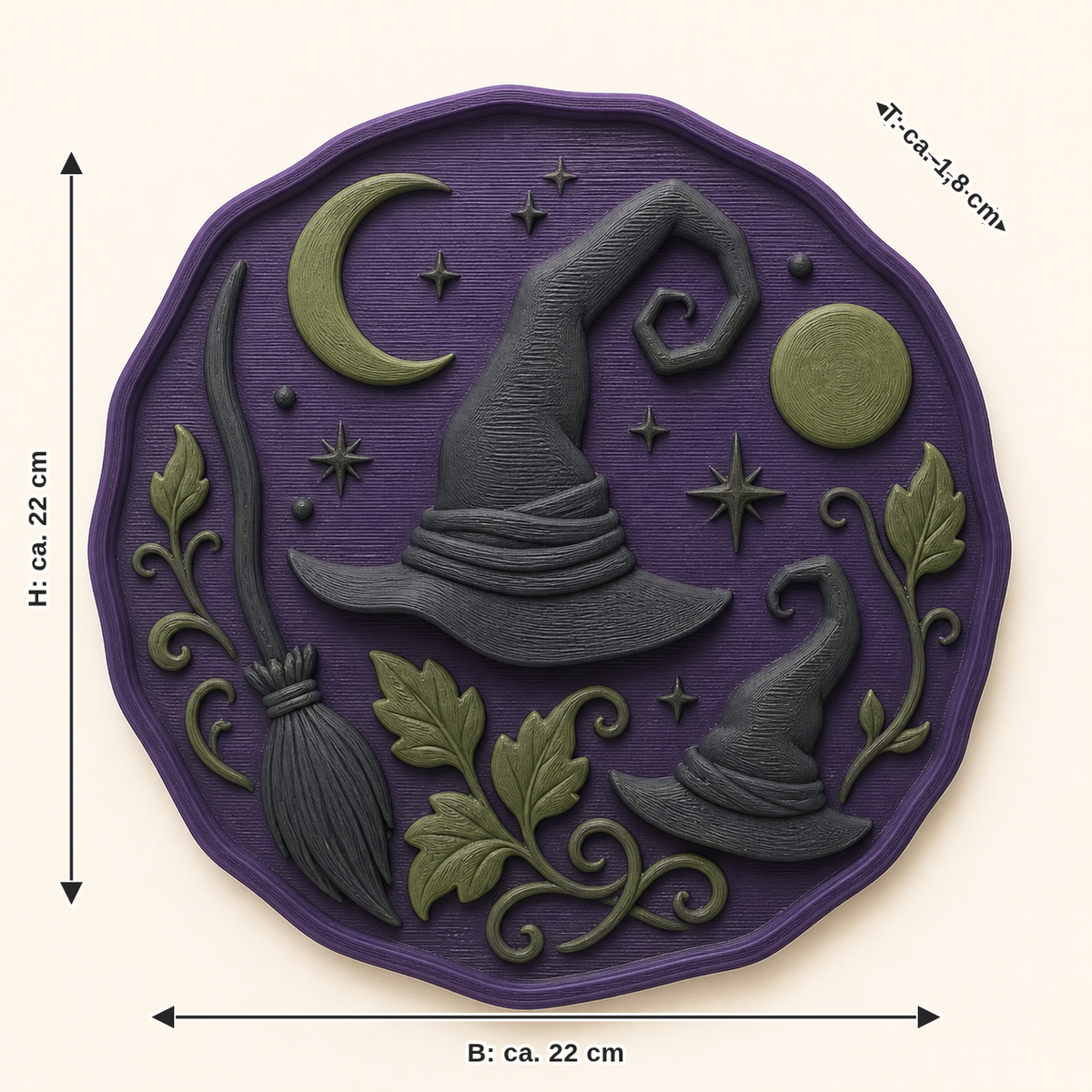 Maßbild für Hexengarten-Wandrelief Zaubermond: Breite ca. 22 cm, Tiefe ca. 1.8 cm, Höhe ca. 22 cm