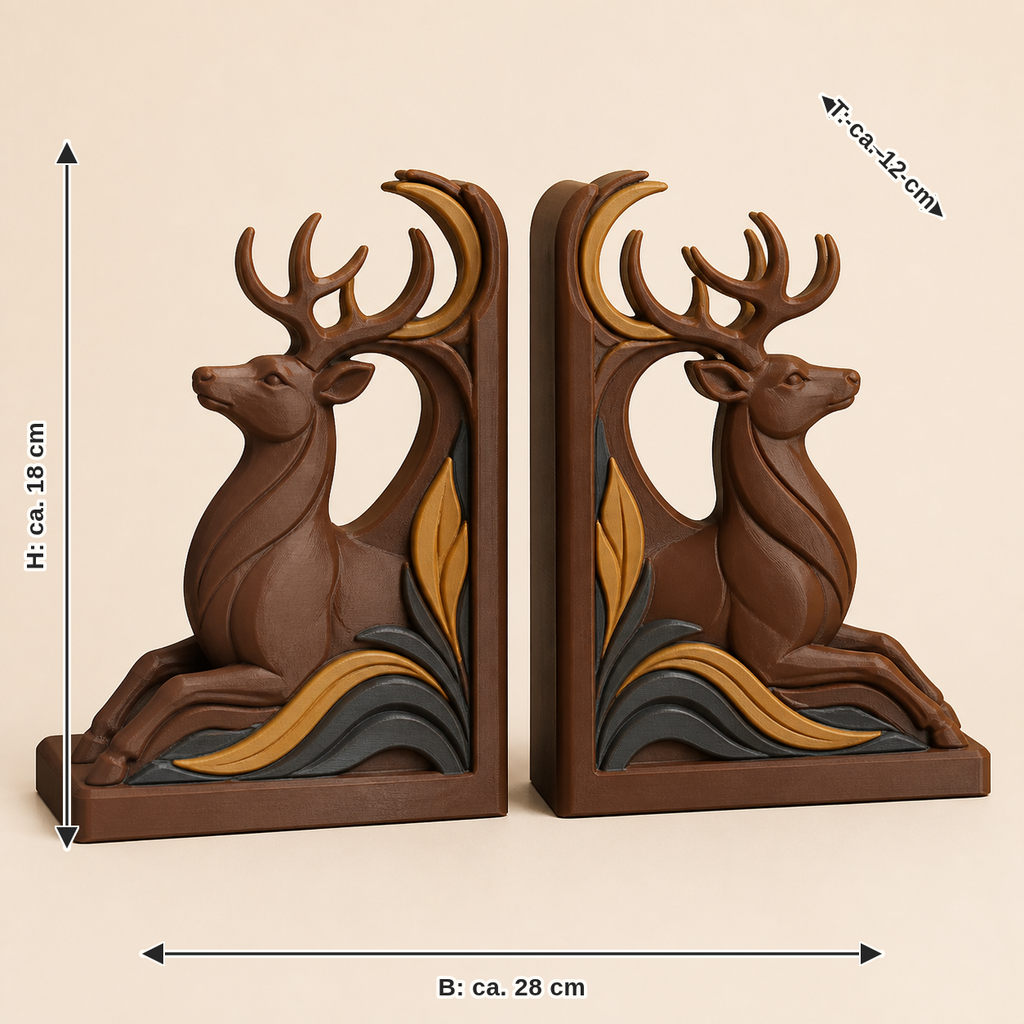 Maßbild für Hirsch-Buchstützen-Paar Wächterpaar: Breite ca. 28 cm, Tiefe ca. 12 cm, Höhe ca. 18 cm