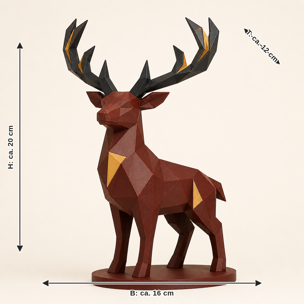 Maßbild für Hirsch-Low-Poly-Skulptur Facettenfigur: Breite ca. 16 cm, Tiefe ca. 12 cm, Höhe ca. 20 cm