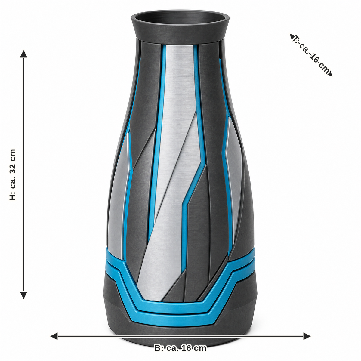 Maßbild für Hohe Facettenvase mit Cyanlinien: Breite ca. 16 cm, Tiefe ca. 16 cm, Höhe ca. 32 cm