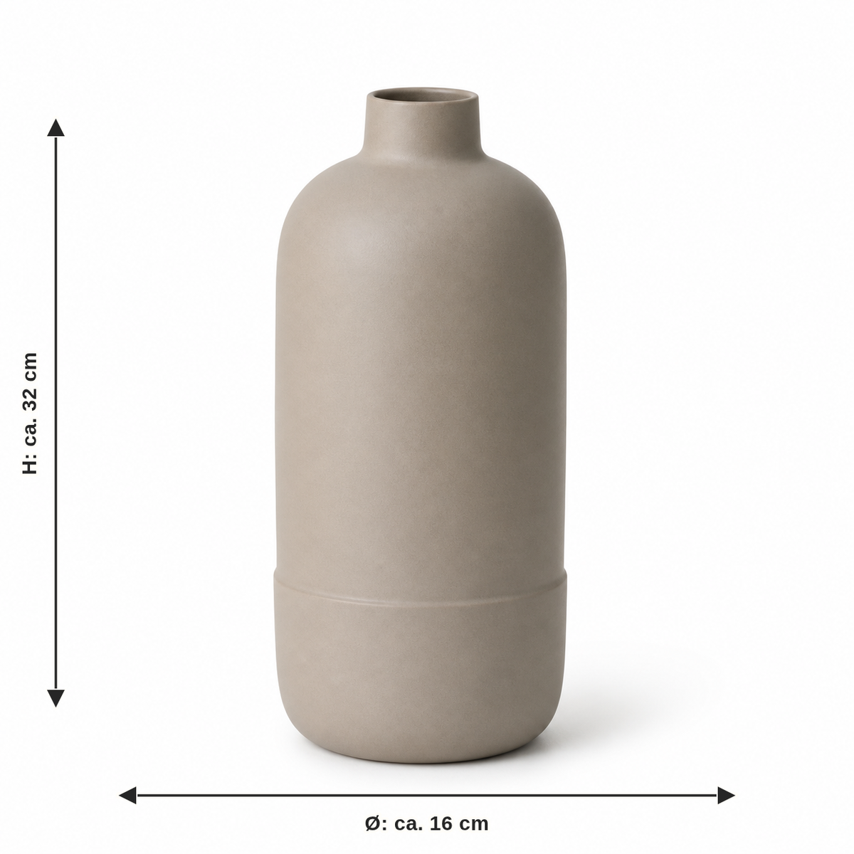 Maßbild für Hohe Flaschenvase in Taupe: Durchmesser ca. 16 cm, Höhe ca. 32 cm
