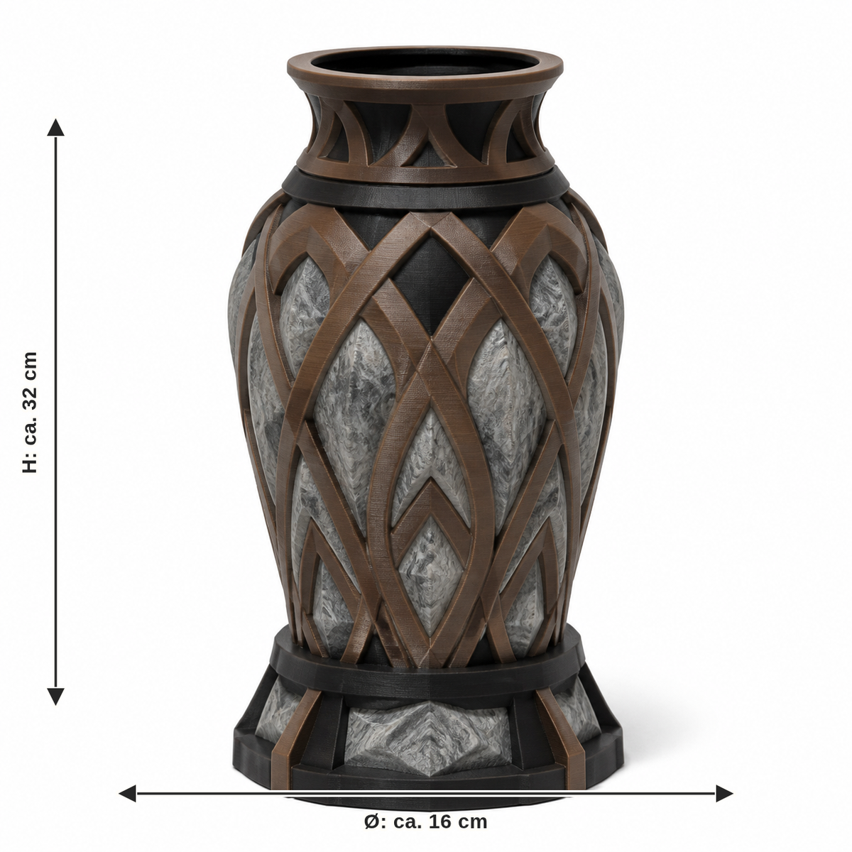 Maßbild für Hohe Flechtvase in Braun und Silber: Durchmesser ca. 16 cm, Höhe ca. 32 cm