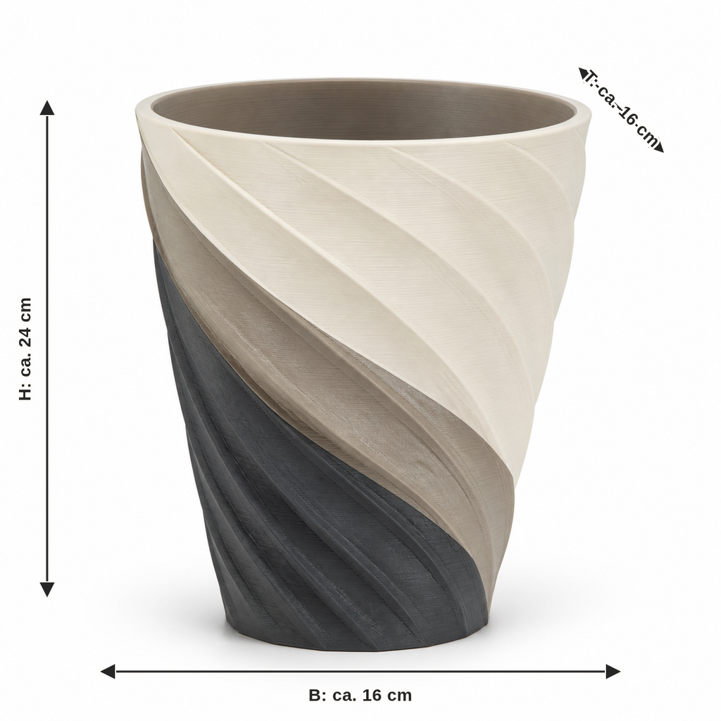 Maßbild für Hoher Pflanztopf mit sanfter Spiralfaltung: Breite ca. 16 cm, Tiefe ca. 16 cm, Höhe ca. 24 cm