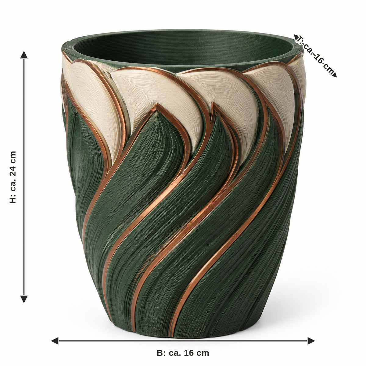 Maßbild für Hoher Pflanztopf mit Spiralornament: Breite ca. 16 cm, Tiefe ca. 16 cm, Höhe ca. 24 cm