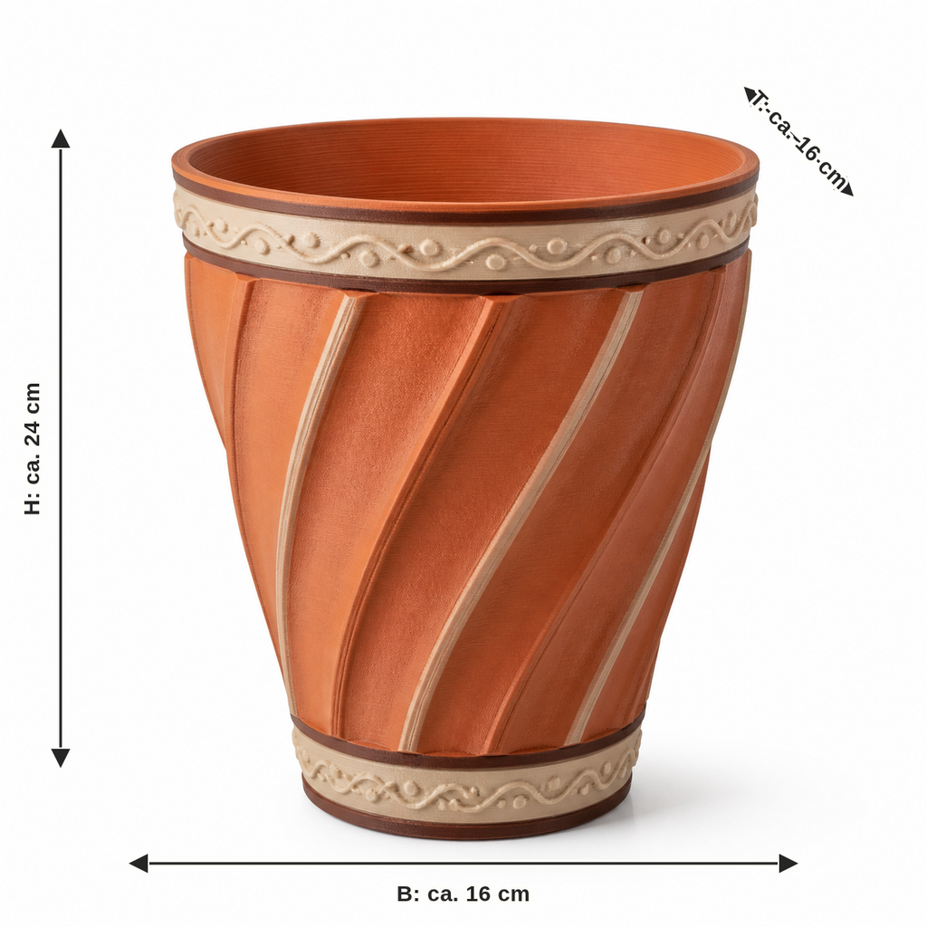Measurement for high plant pot with spiral ribs – Country: width approx. 16 cm, depth approx. 16 cm, height approx. 24 cm