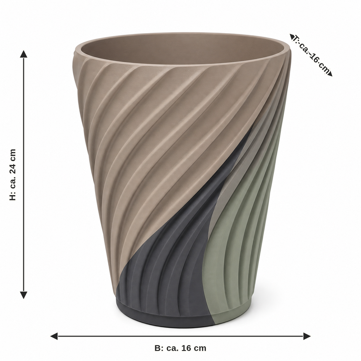 Measurement for high plant pot with spiral ribs – Modern: width approx. 16 cm, depth approx. 16 cm, height approx. 24 cm