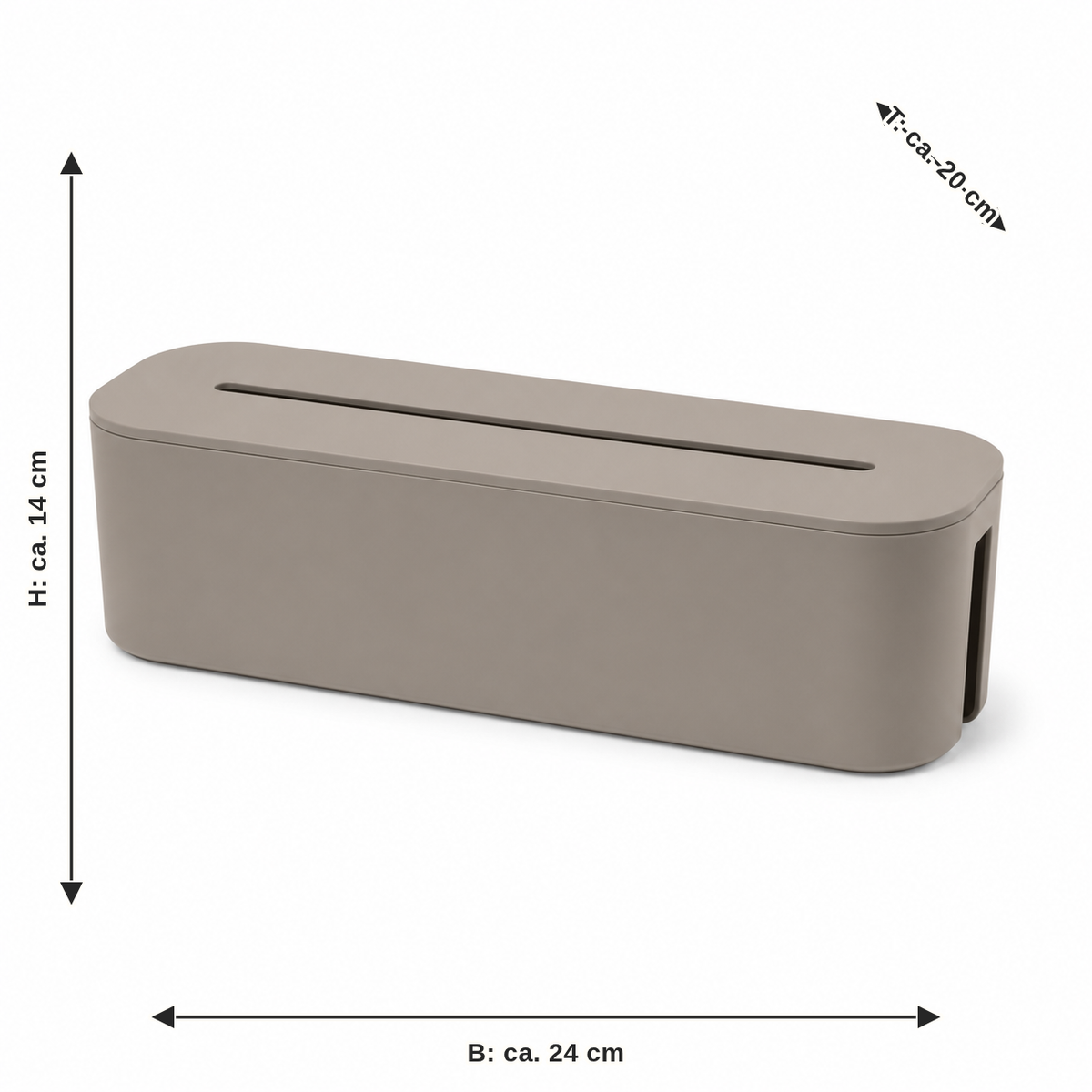 Measurement for cable box with slot lid in taupe: width approx. 24 cm, depth approx. 20 cm, height approx. 14 cm